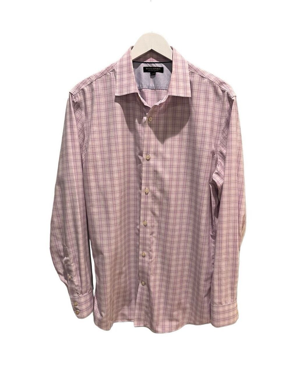 Banana Republic Non-Iron purple and white checked 100% cotton button down shirt